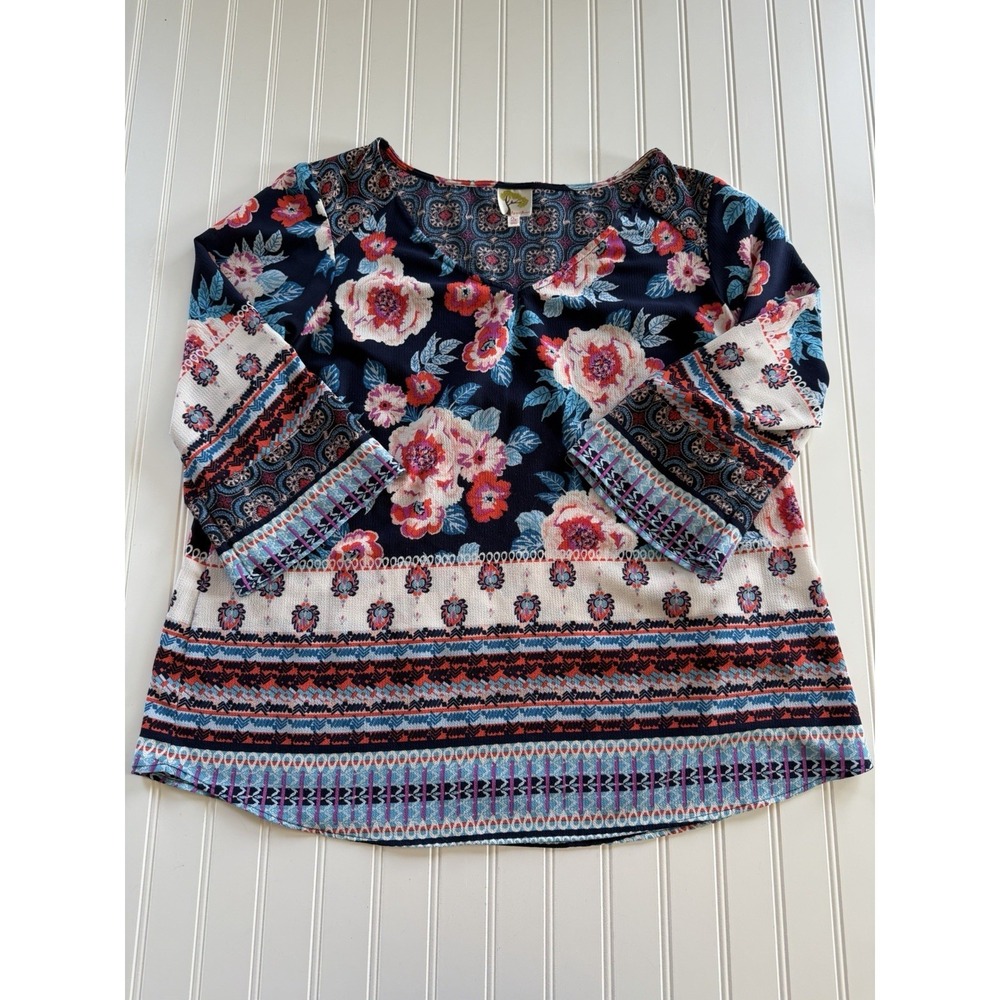 Anthro Fig & Flower Tunic Blouse 2X Floral Boho Flowy 3/4 Sleeve
